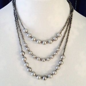 faux gray pearl beaded triple strand necklace